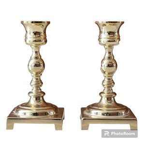 Pair of Vintage Georgian Polished Brass 5" Candle holders with Square Base New